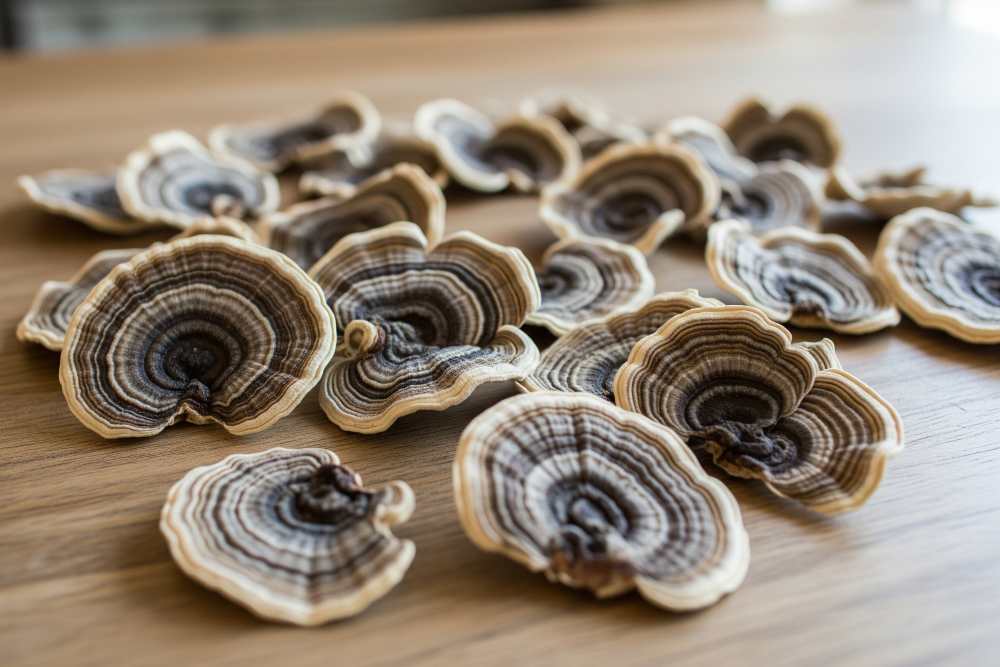Turkey tail mushrooms spread around on a kitchen table.