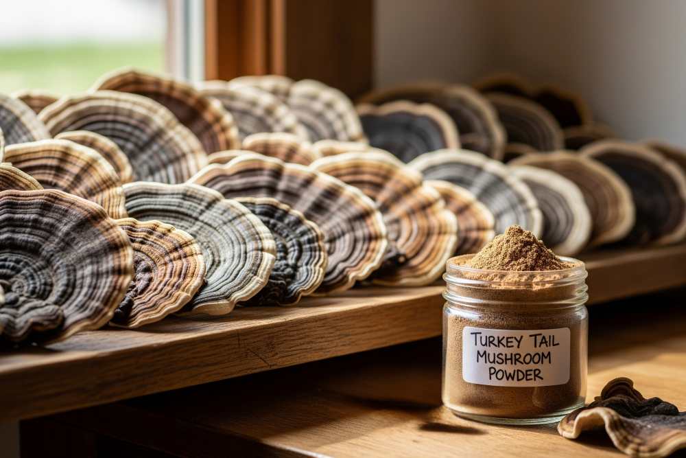 Turkey tail mushroom powder in a glass jar on a wooden.