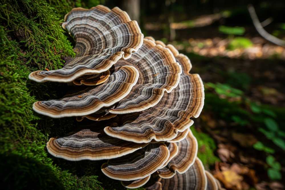 Turkey tail mushrooms in forest environment, growing in a tree.