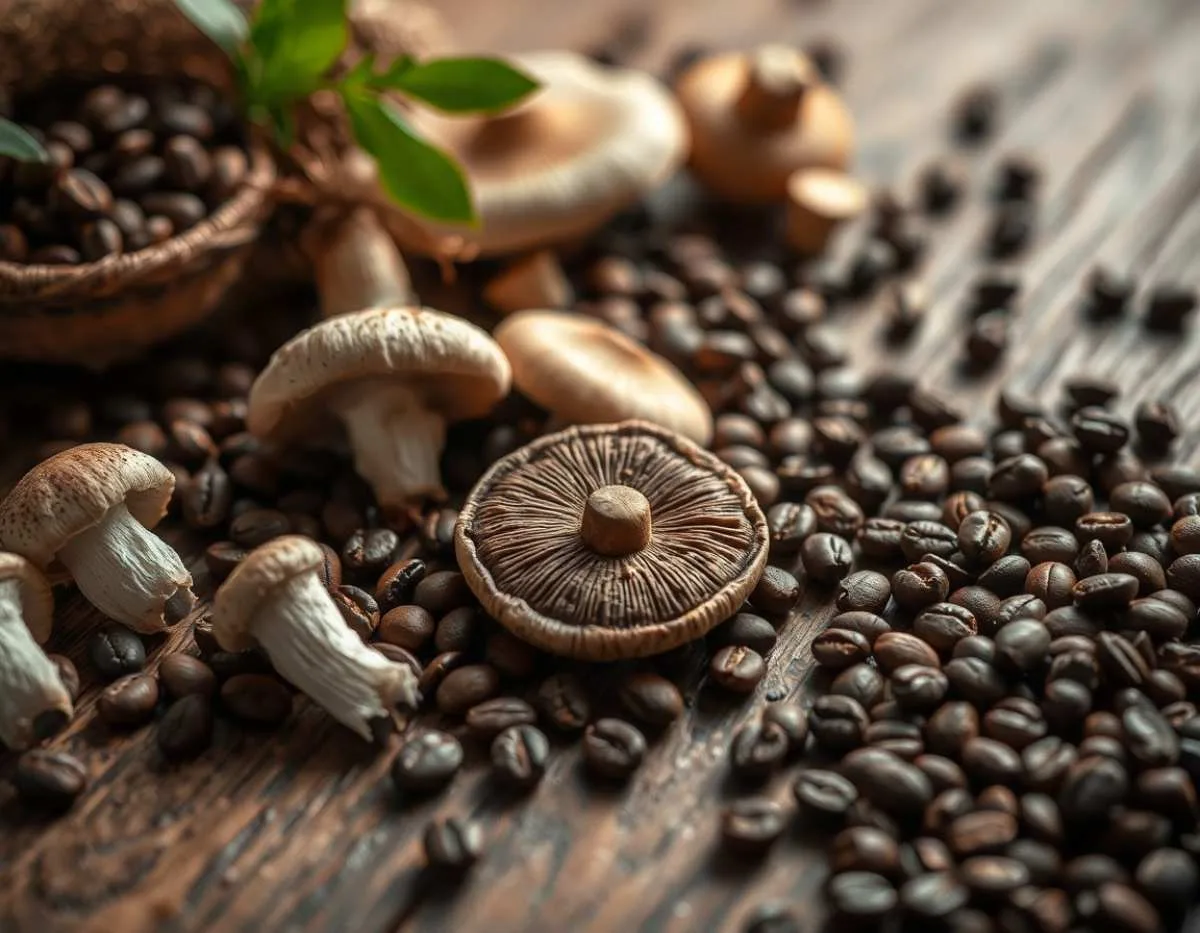 A graphical representation of mushrooms and coffee beans indicating the presence of caffeine in it.