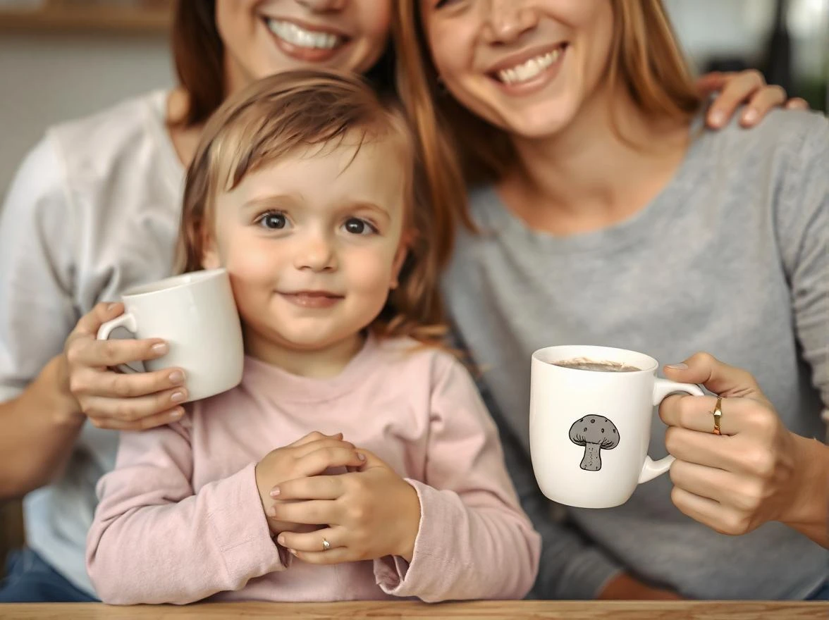 A child and her parents having mushroom coffee