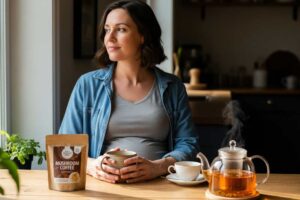 A pregnant woman sitting at a kitchen table, looking thoughtful while holding a mug. In front of her: a packet of mushroom coffee. On the other side of the table: a glass teapot with caffeine-free herbal tea.