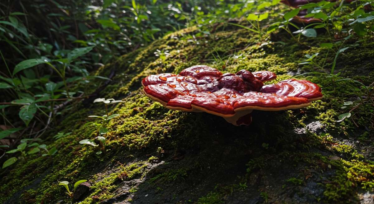 Picture of Reishi Mushroom growing on a wet hilly surface.