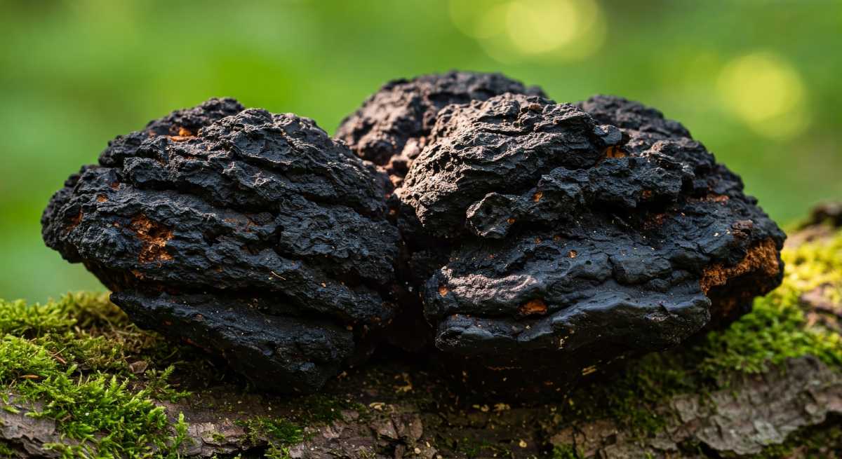 Chaga mushroom growing on a tree. It is a medicinal mushroom.