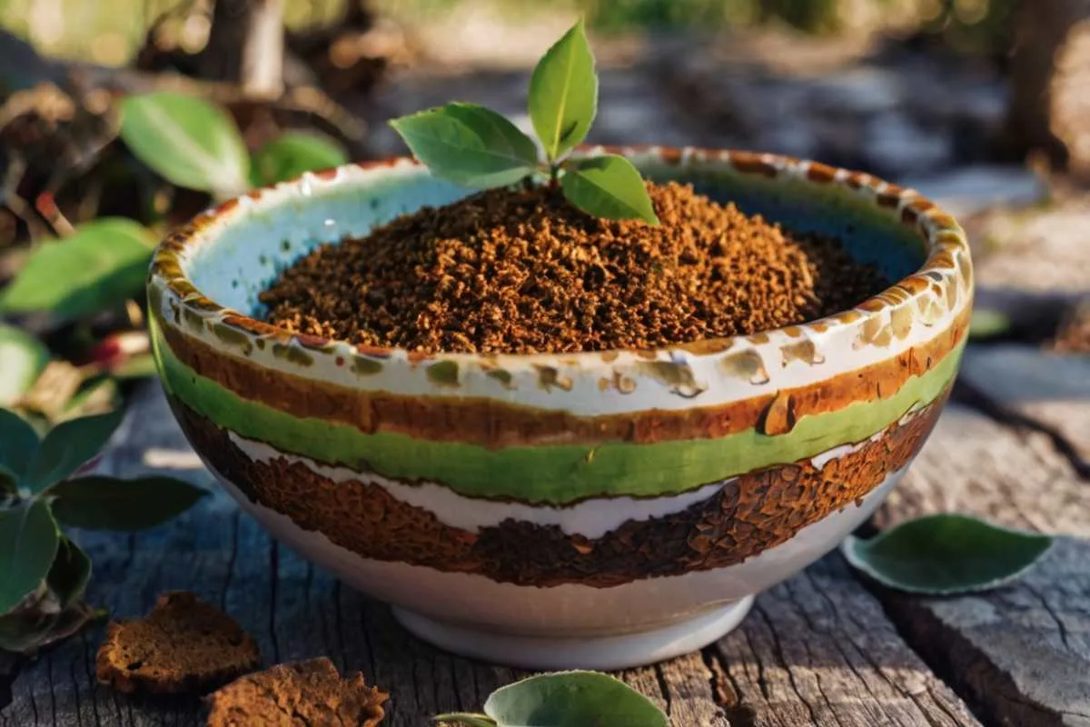 Chaga Mushroom extracts on a bowl. 3 leaves upon it.