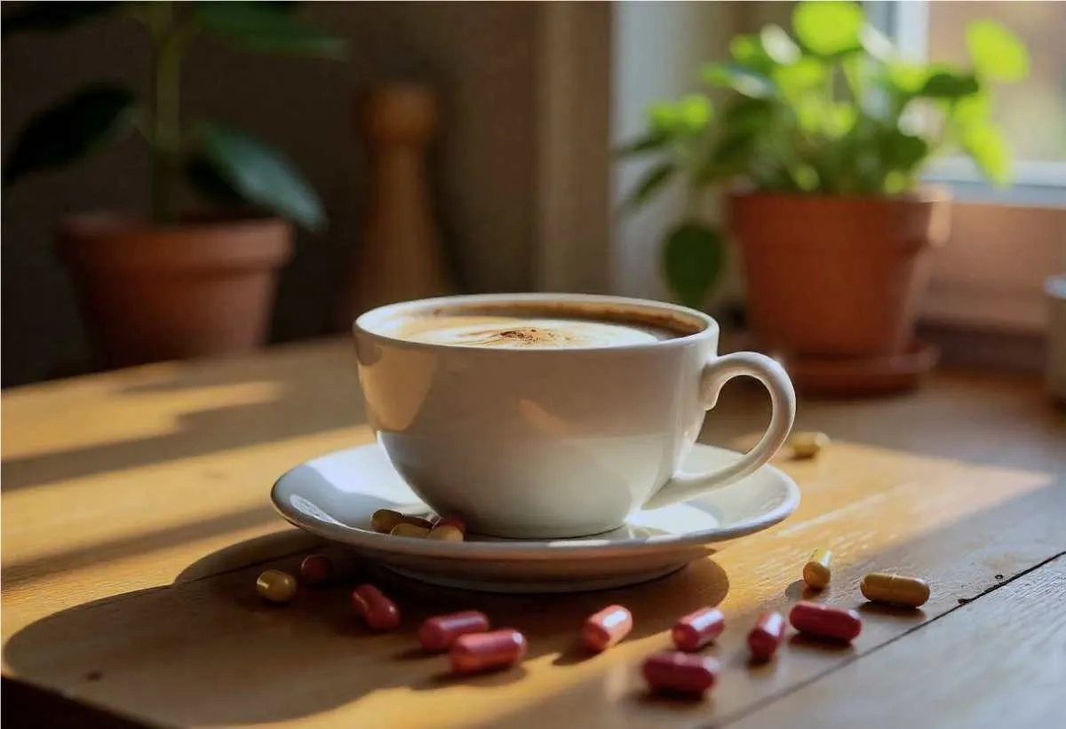 A cup of mushroom coffee with mineral tablets around.