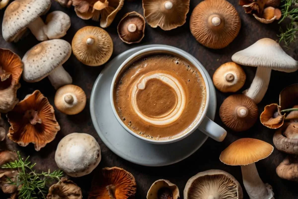 A graphical display of a mushroom coffee with various mushrooms.