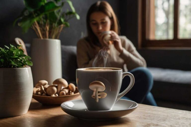 A Graphical presentation of Mushroom coffee and a sick woman on her periods.