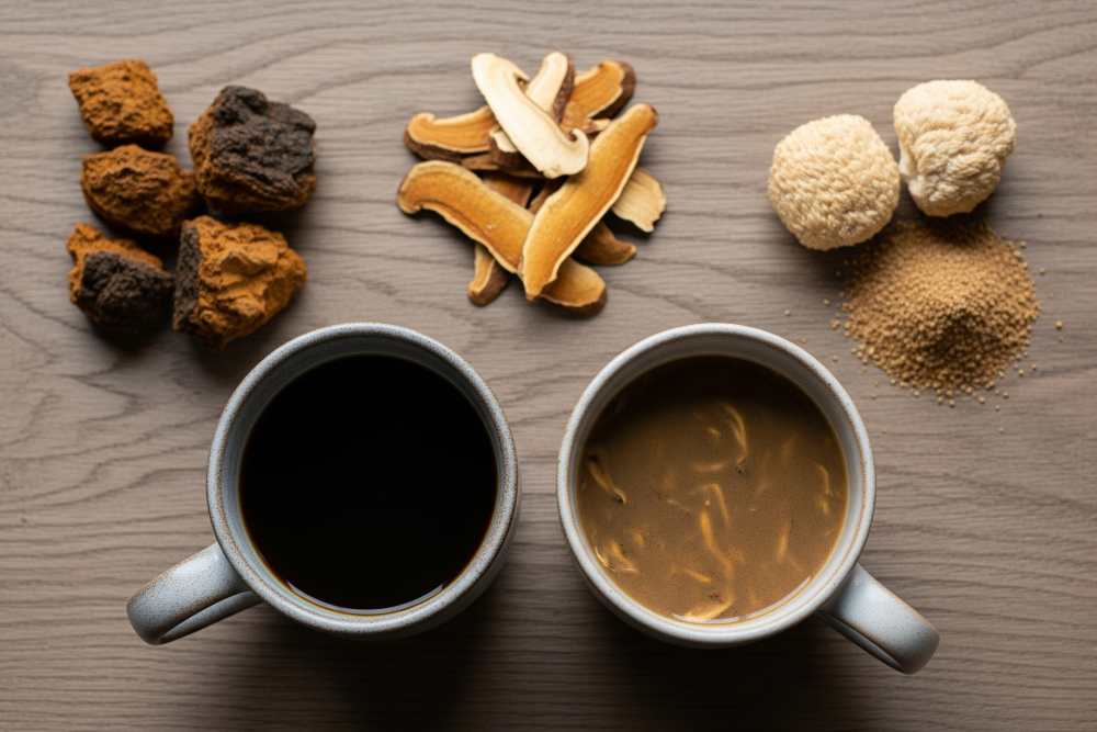 Two cups side by side: one cup of regular black coffee and one cup of mushroom coffee. Around the cups, small piles of dried chaga, reishi slices, lion’s mane powder