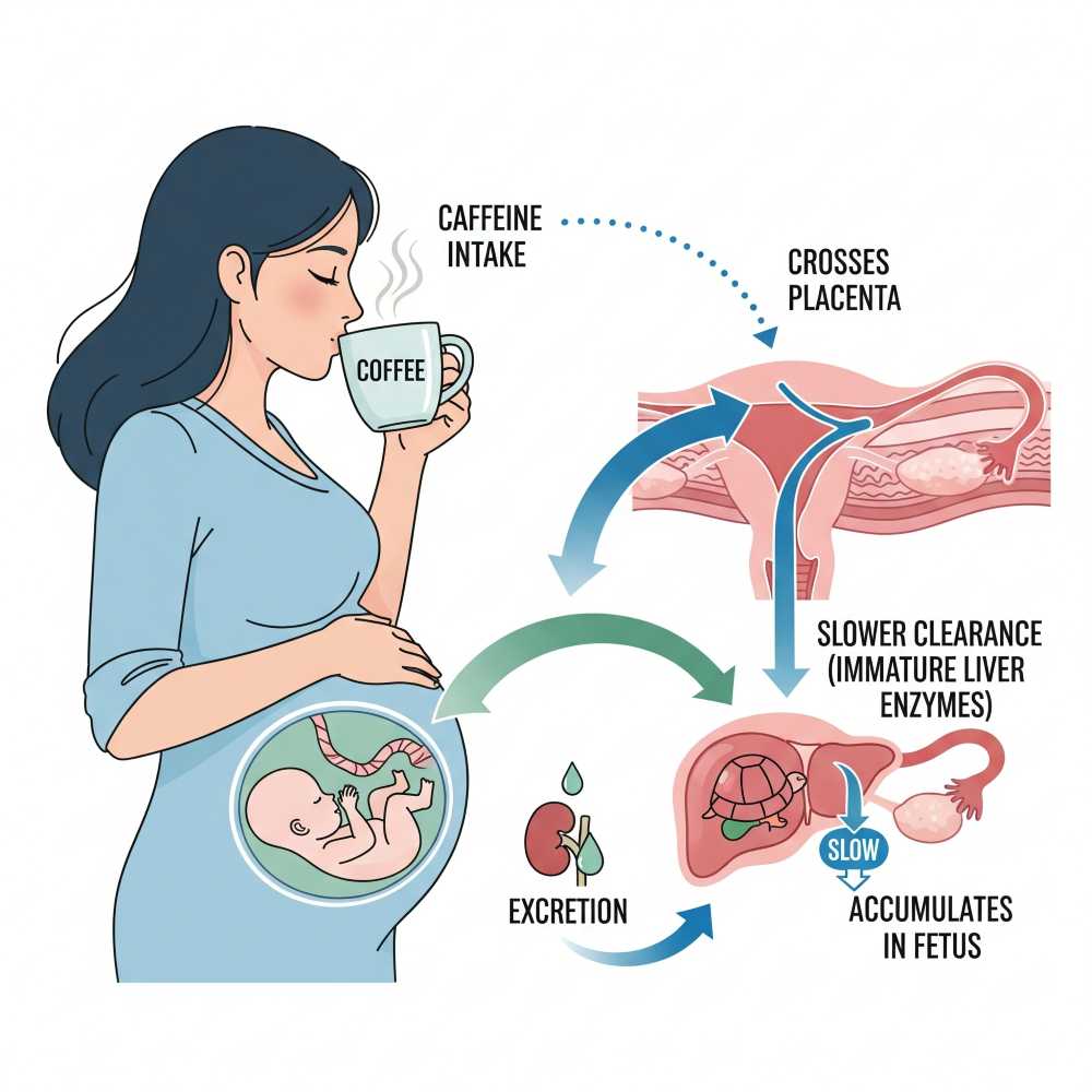 Infographic-style illustration: How caffeine behaves in pregnancy.