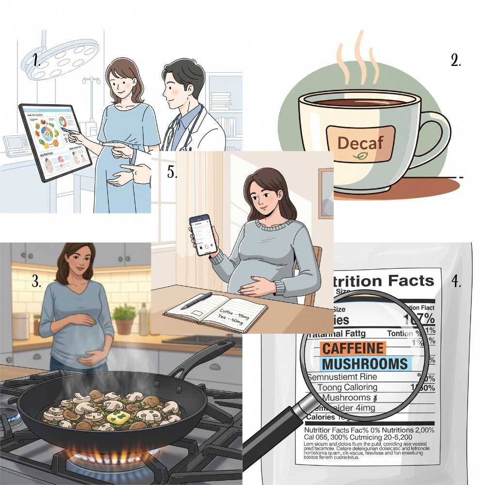 Illustration of Top 5 pregnancy-safety tips for mushroom coffee lovers.