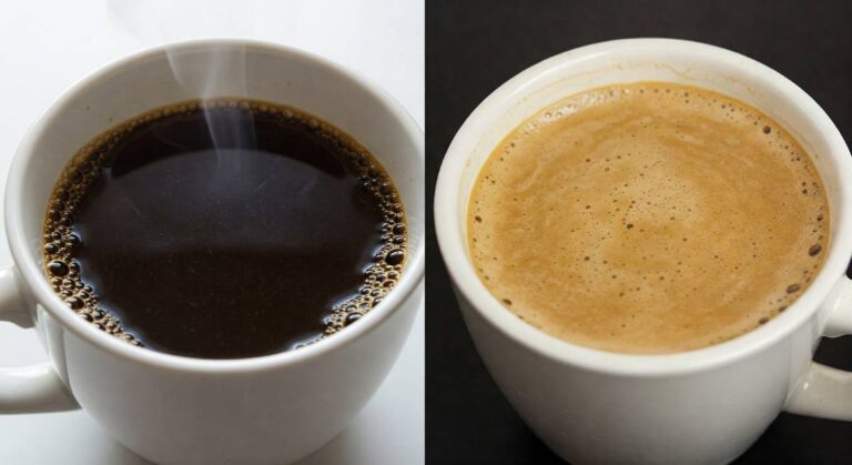 A split image: on the left, regular coffee, and on the right side, mushroom coffee made with the mix of mushroom and coffee.