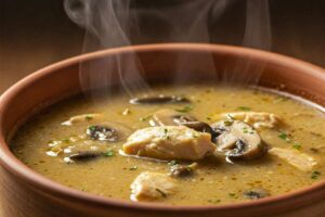 Mushroom powder Soup in a clay bowl.
