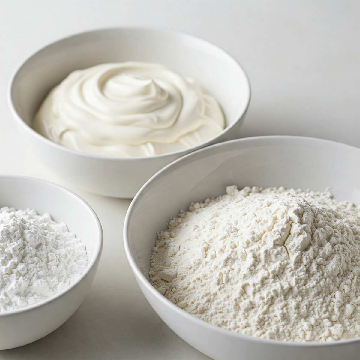 Bowls full of Heavy cream, Cornstarch on a white surface.