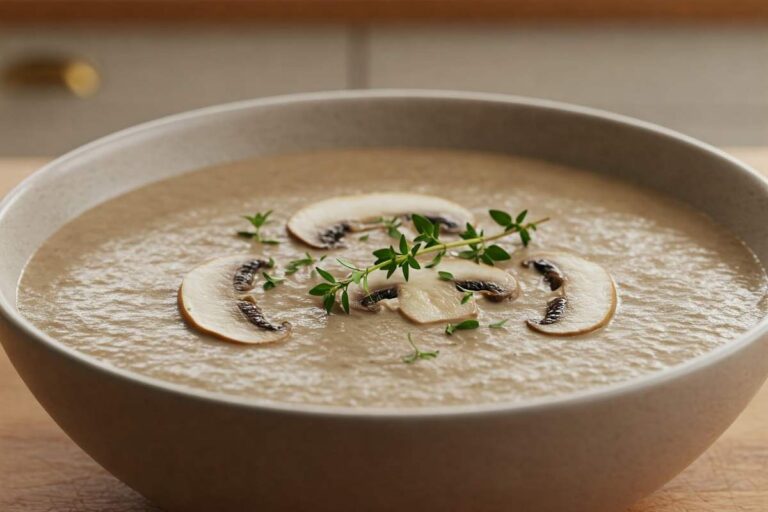 A bowl full of Mushroom Bisque Soup