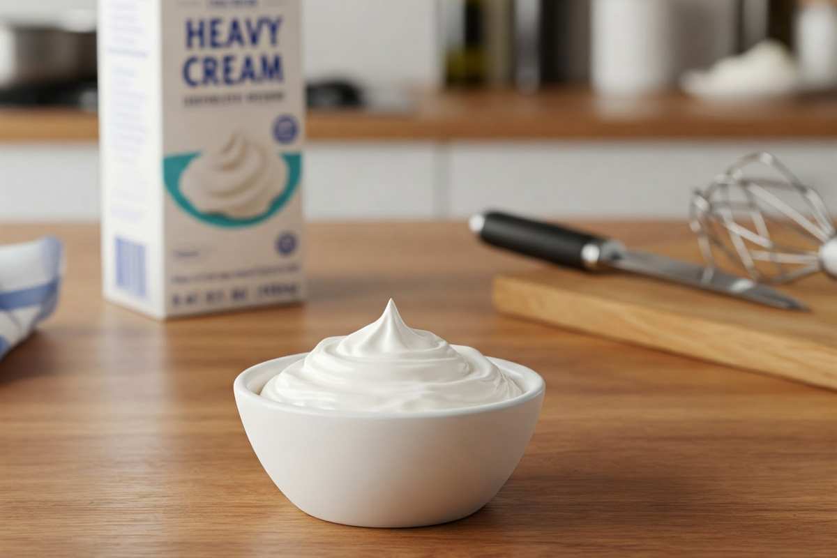 A small bowl of heavy cream alongside kitchen utensils.