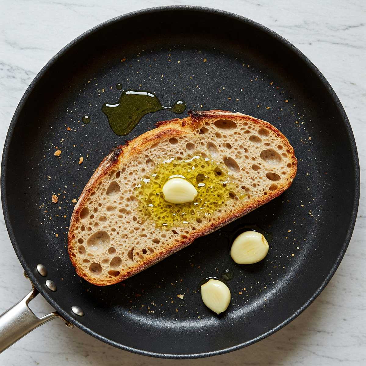 Toasting a bread with garlic.