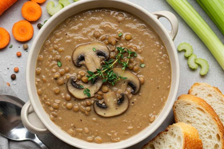 Mushroom lentil Soup served in a bread with crusty bread