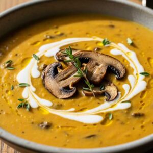 Butternut Squash Mushroom soup in a bowl.