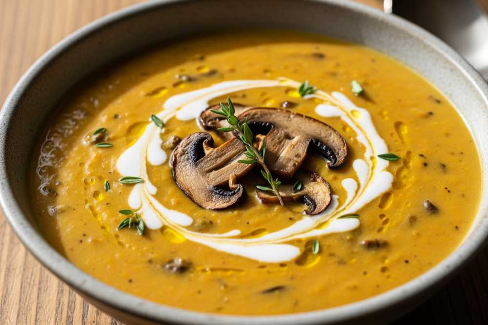 Butternut Squash Mushroom soup in a bowl.