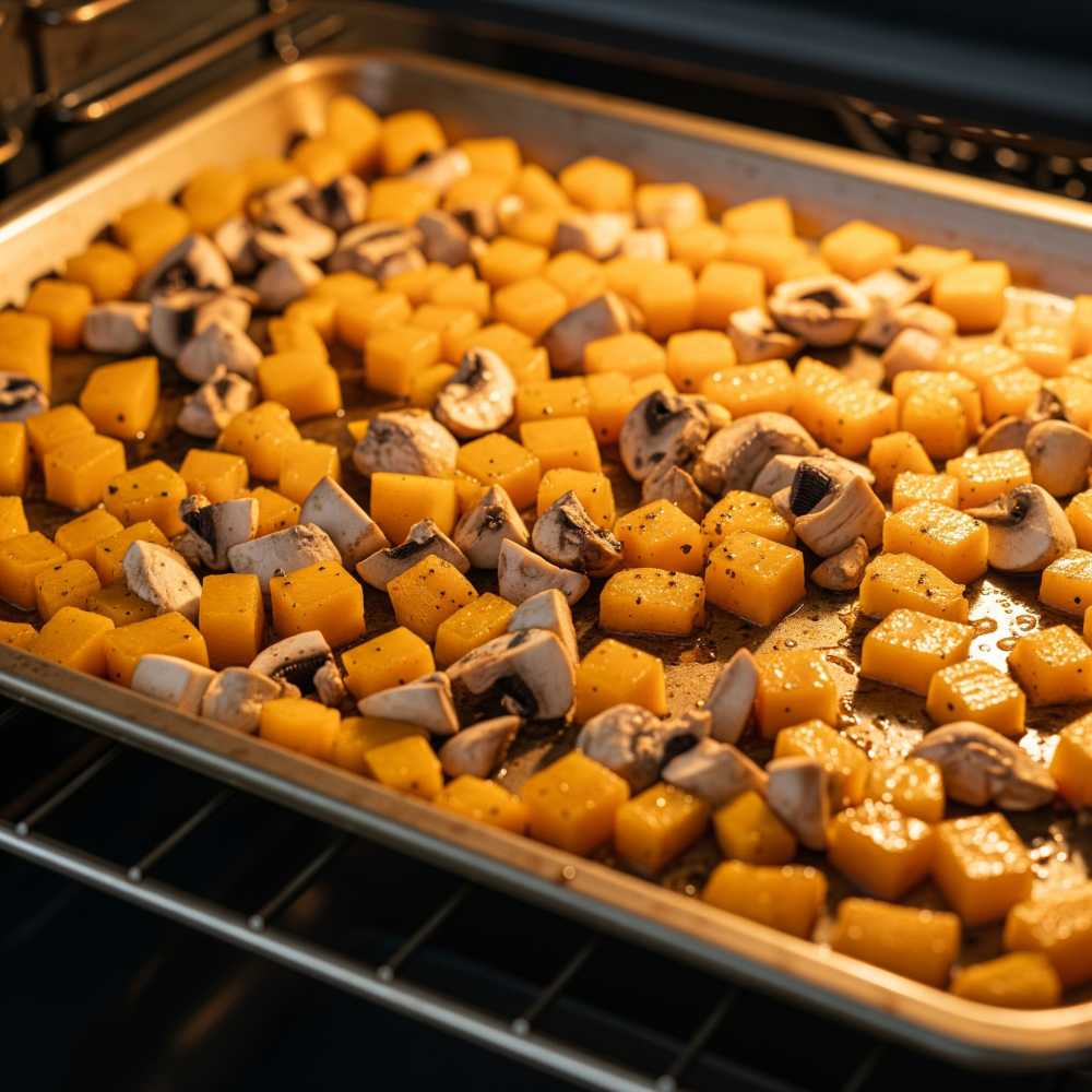 Roasted butternut and mushrooms directly from the oven.