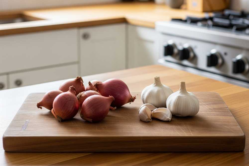 Shallots and garlics on the kitchen table.