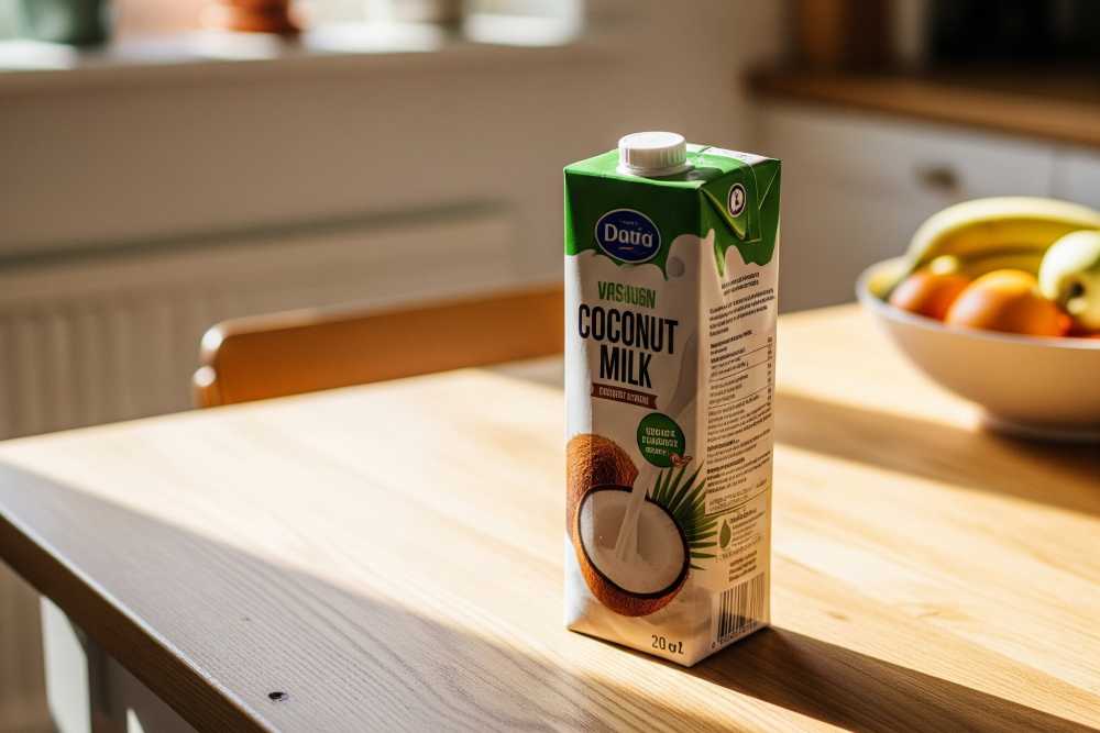 A coconut milk pack kept on a dinning table.
