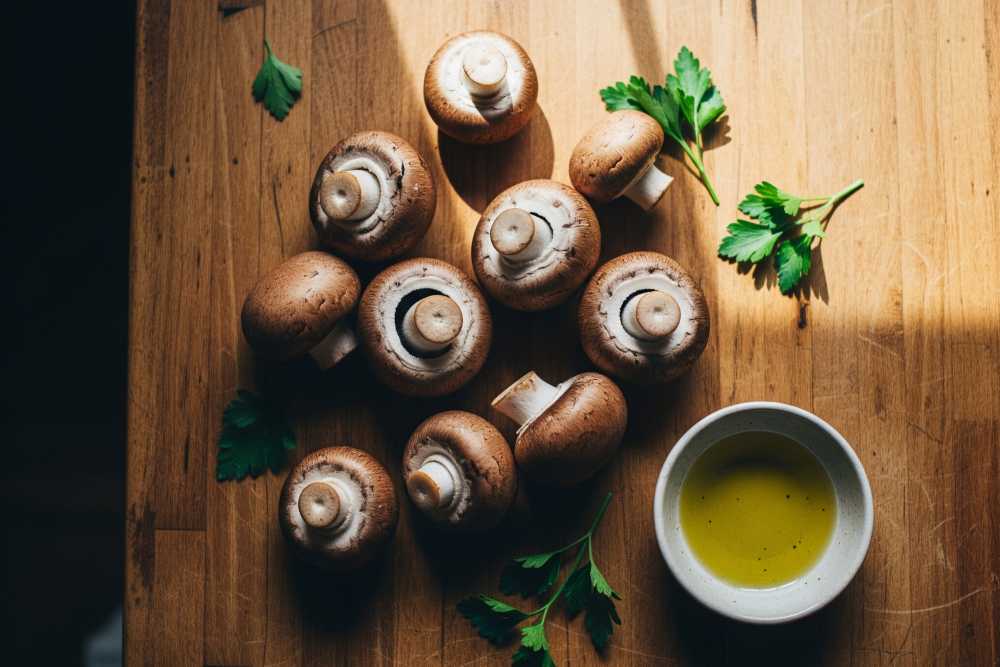 Cremini aka baby bella mushrooms on a wooden table for the sweet potato mushroom soup.