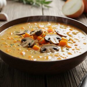 Sweet Potato and Mushroom Soup served in a bowl.