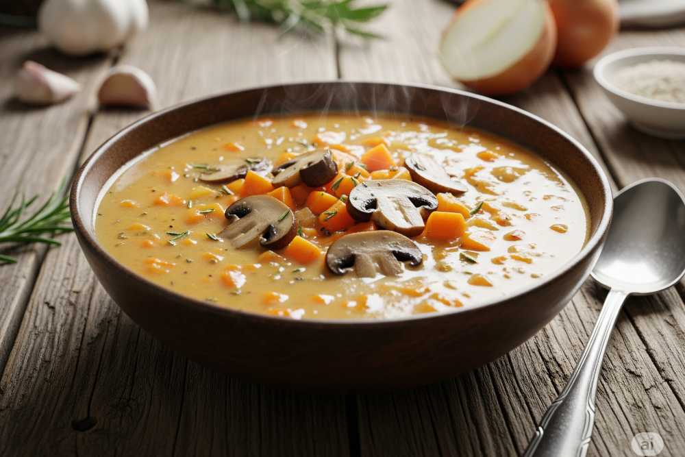 Sweet Potato and Mushroom Soup served in a bowl.
