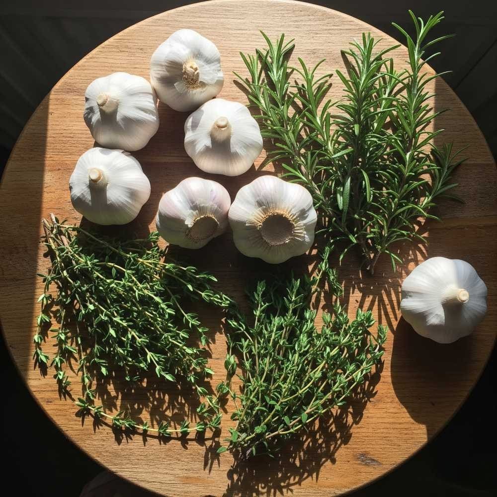 Garlics and herbs on the table and sunlight reflecting on it.