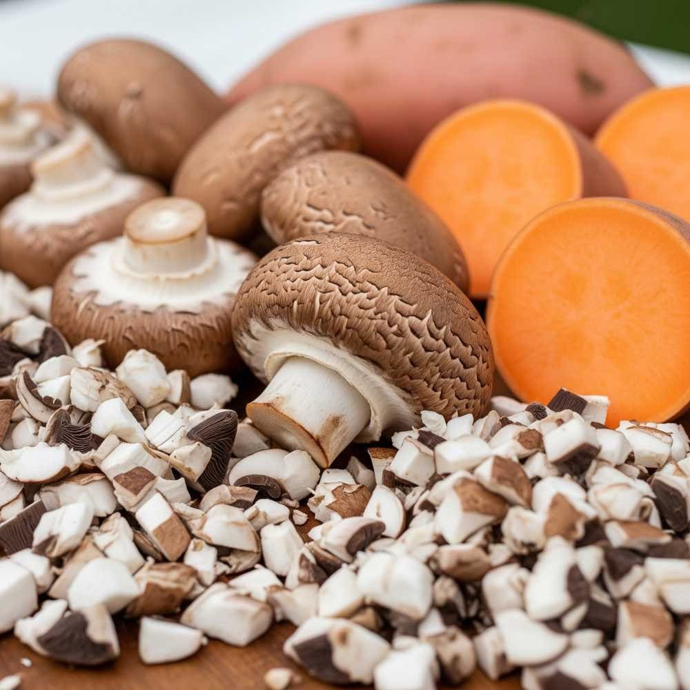 Chopped Mushrooms and orange sweet potatoes. both are good for gut health.