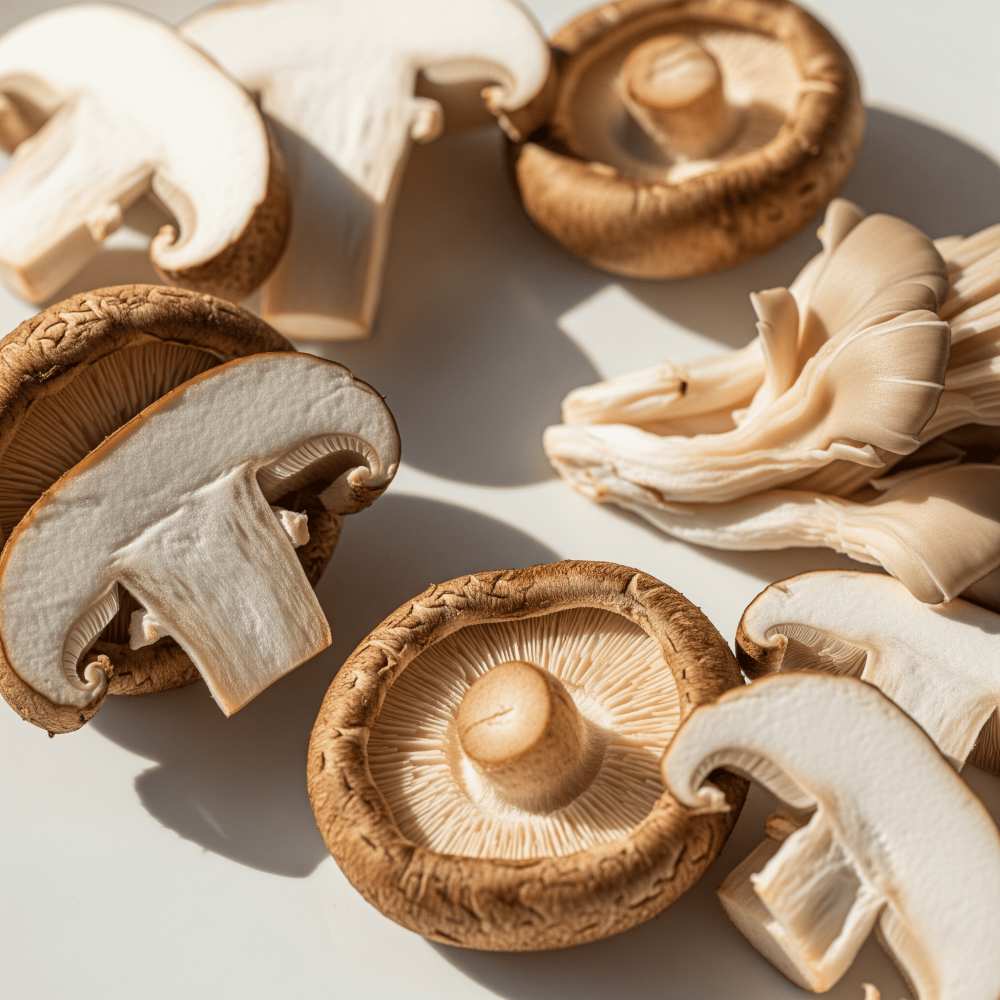 Shiitake and oyster mushrooms upon a white surface.