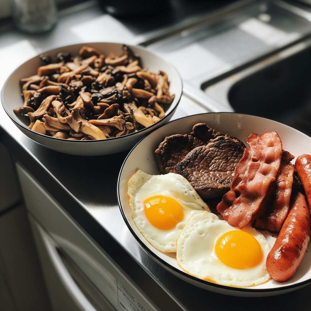 Two bowls of meal. one is full of mushrooms and the other is with meat, eggs and sausages.