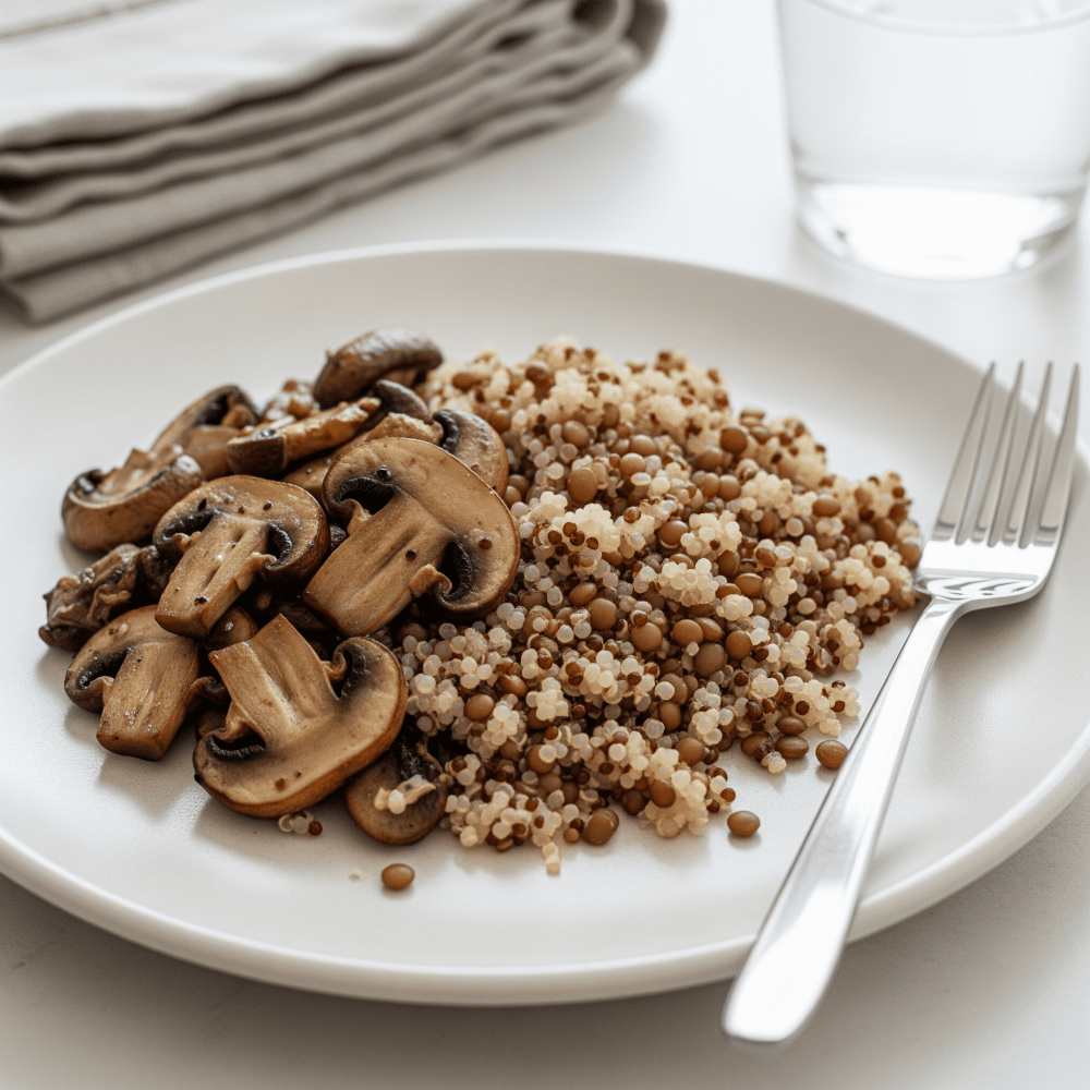 Protein food combination with mushrooms.