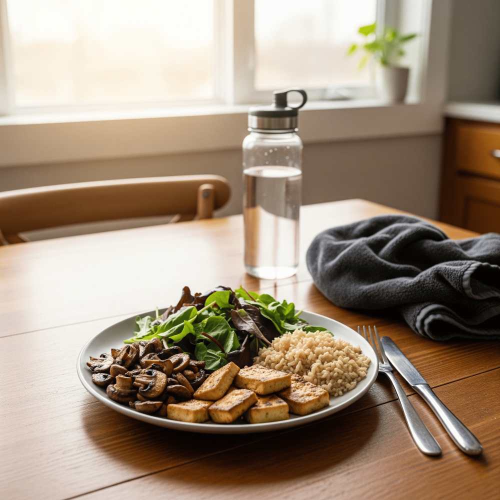 A plate of mushroom, tofu, brown rice and greens upon a table. Beside there is a water bottle and a towel suggests this a post exercise meal.
