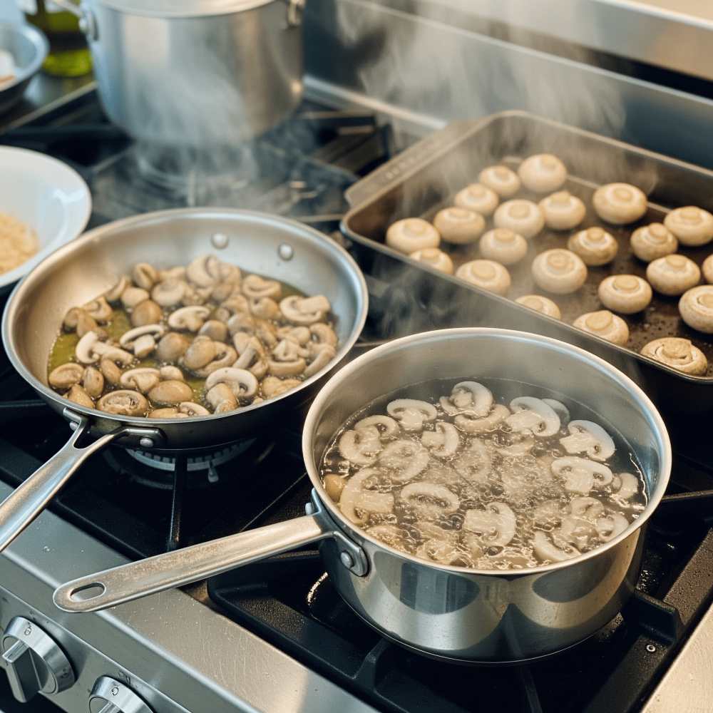 sauteing, boiling and frying; three mushroom cooking method.