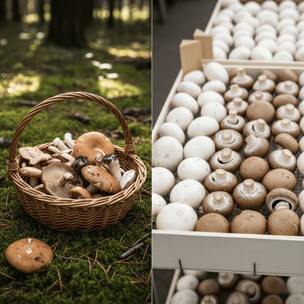 Split picture: left side is a bucket of foraged wild mushrooms and right side is homegrown mushroom.