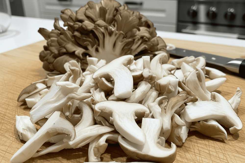 Chopped maitake mushrooms on a kitchen counter.