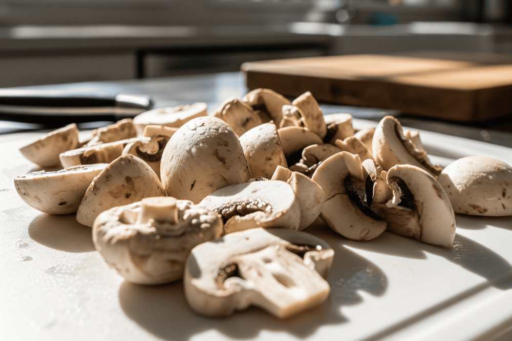 Moist mushrooms chopped on the board, looking fresh with its water content.