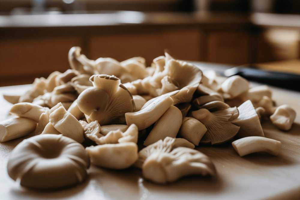 Chopped oyster mushrooms on a kitchen counter and deem sunlight reflecting on it.