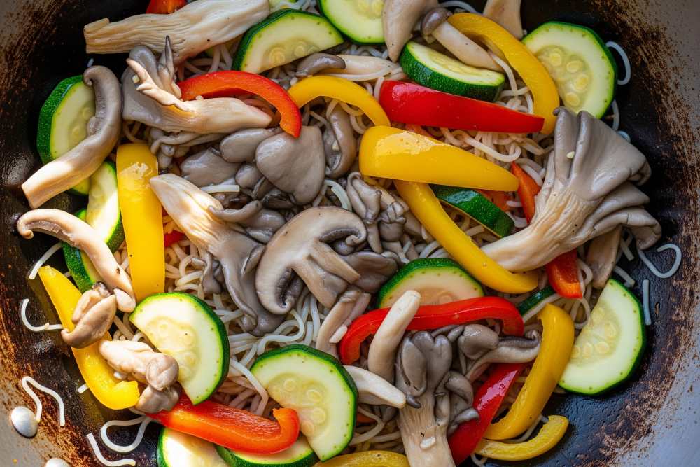 A stir-fry featuring oyster mushrooms alongside other low-FODMAP veggies like zucchini and bell peppers.