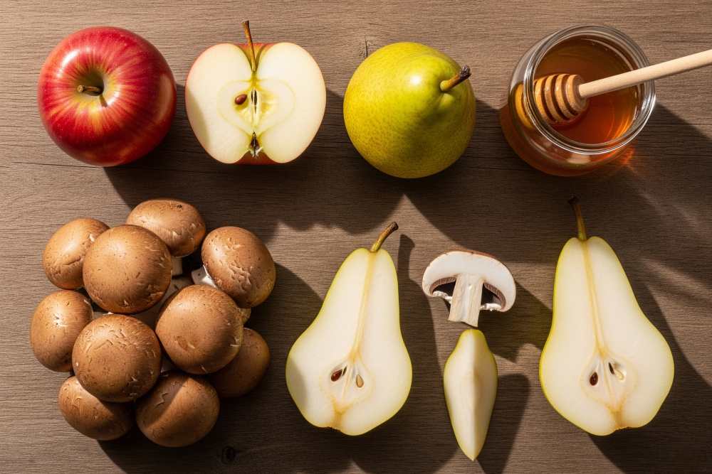 A flat lay photo of common high-FODMAP foods (apples, pears, mushrooms, honey).