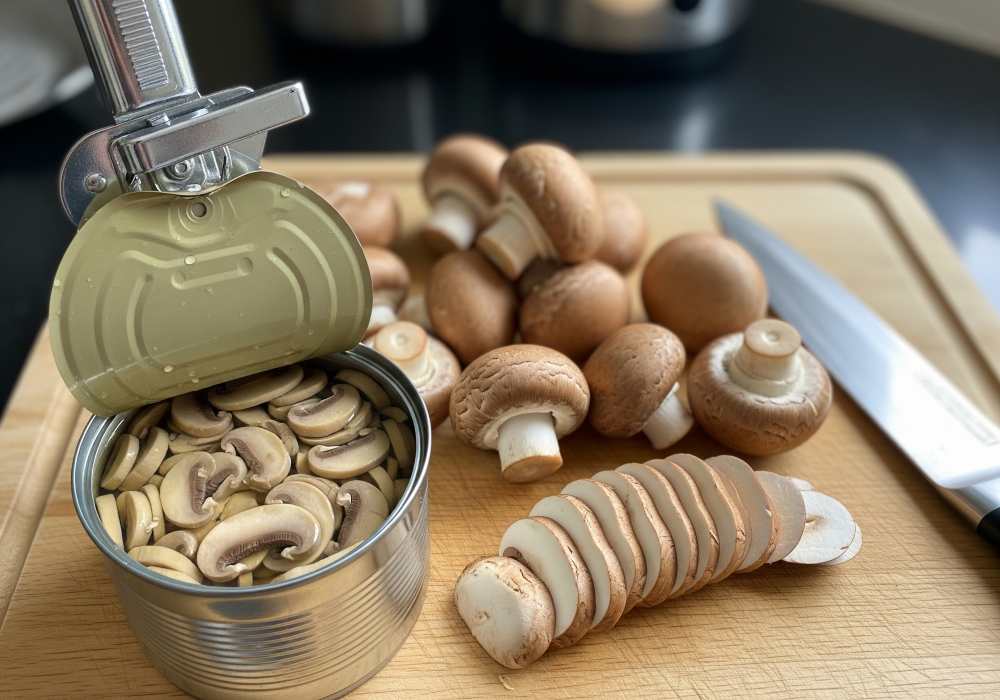 A kitchen counter scene showing both a can opener with canned mushrooms and a cutting board with fresh mushrooms. suggesting FODMAP differences.