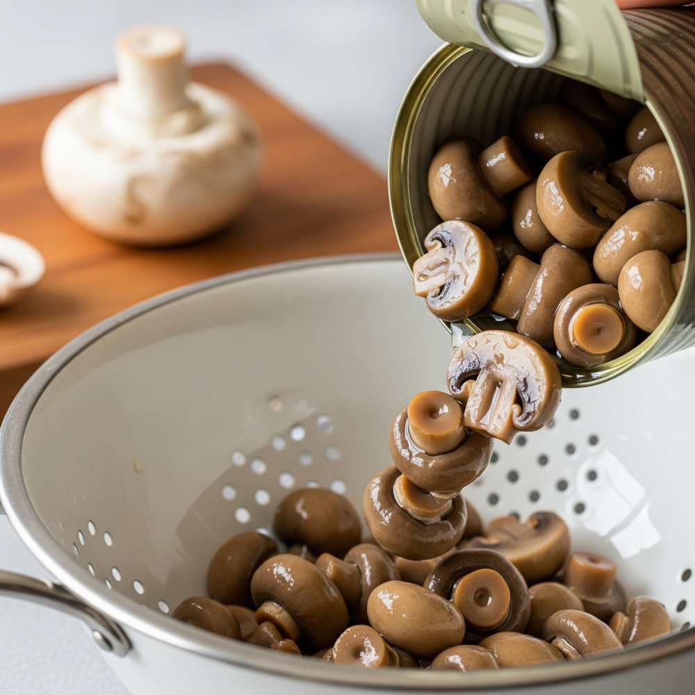 A photo of canned mushrooms being poured into a colander, liquid draining away.