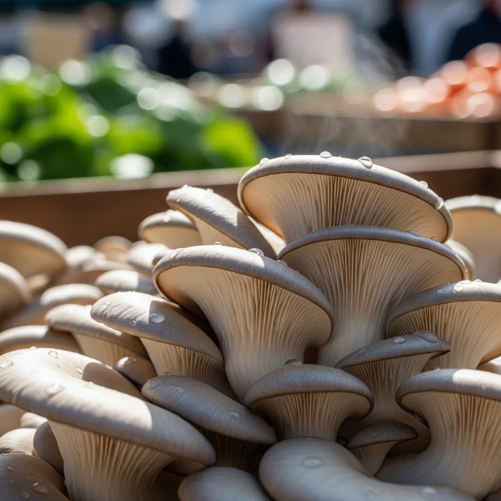 A close-up of fresh oyster mushrooms (showing their delicate gills), as Low FODMAP Choice.