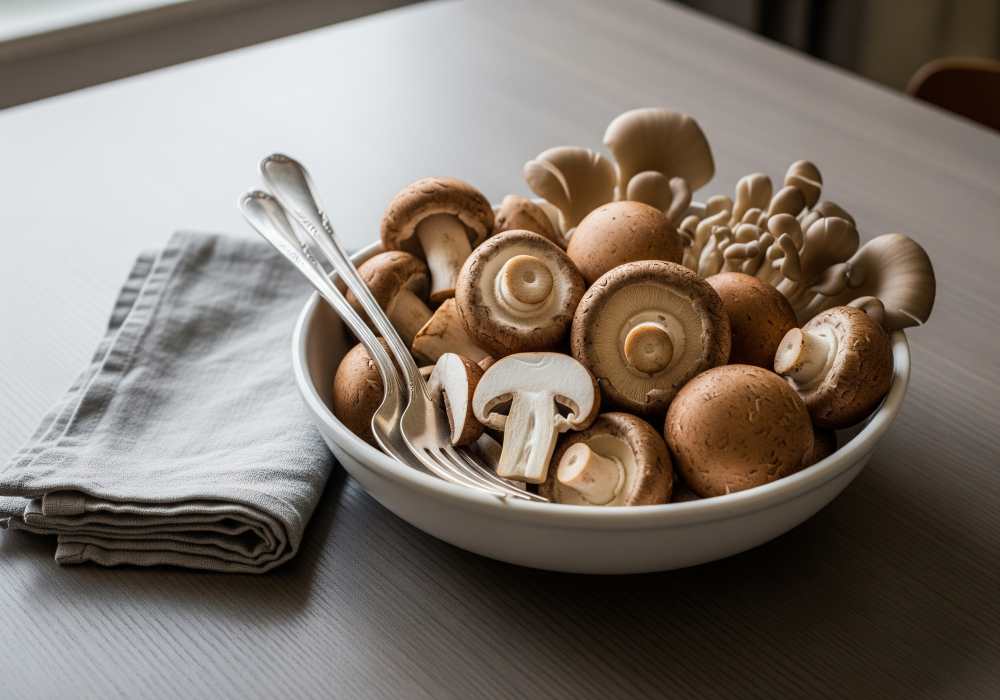 A bowl of raw mushrooms and a piece of towel on a table.