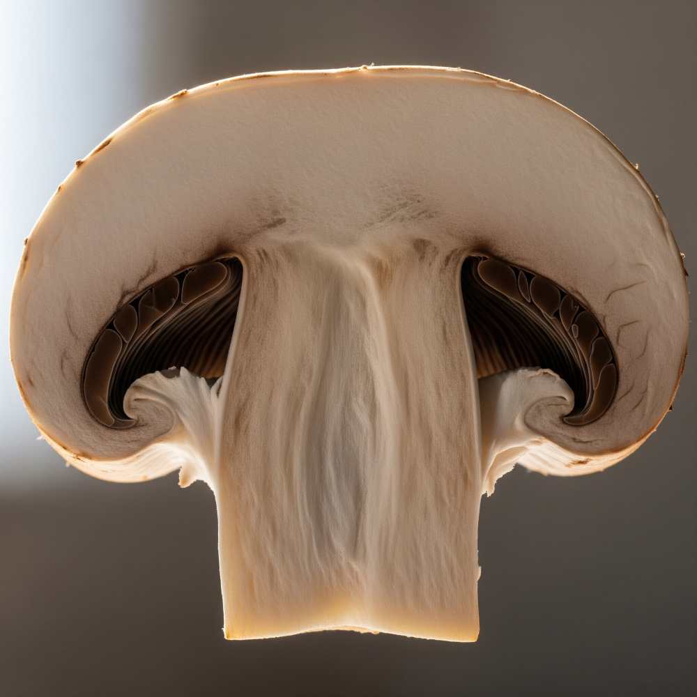 A close-up picture of a sliced mushrooms showing the cell walls made of chitin.