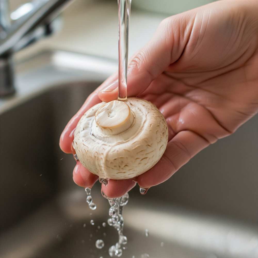 Rinsing mushrooms under tape water.