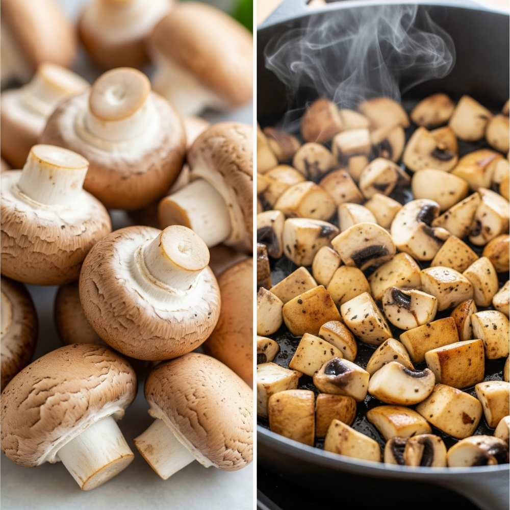 Split comparison of raw mushrooms and cooked mushrooms.
